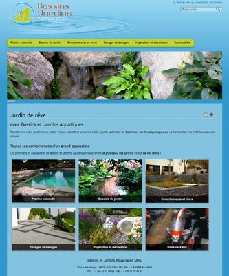 Une copie d'écran du site www.jardins-bassins-aquatiques.fr, l'art paysager au service de votre bassin naturel.