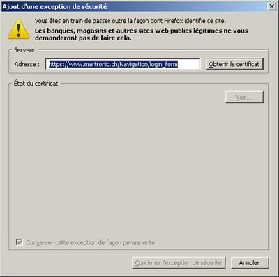 Ajout d'une exception de sécurité