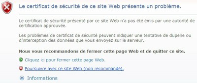 Le certificat de sécurité présente un problème IE7