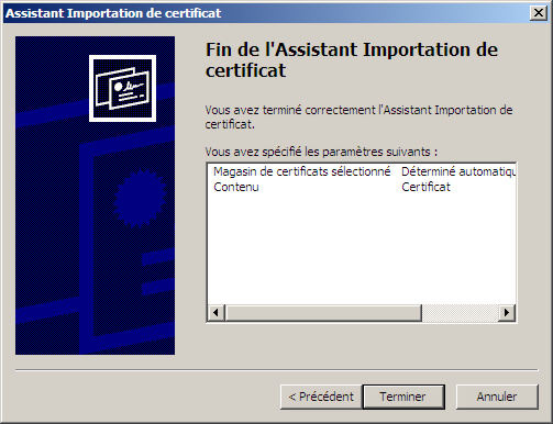 Fin de lAssistant Importation de certificat IE7